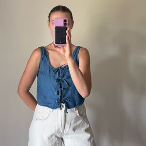 n/t Front Tie Sleeveless Vest Tank Top 100% Cotton Blue Denim Size Small